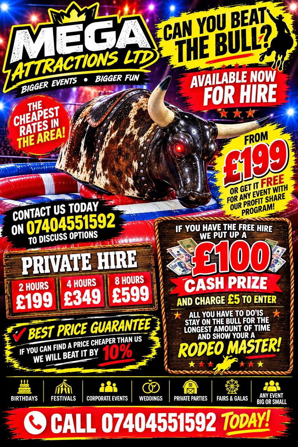 Mega Attractions poster asking Can you beat the bull with private hire details
