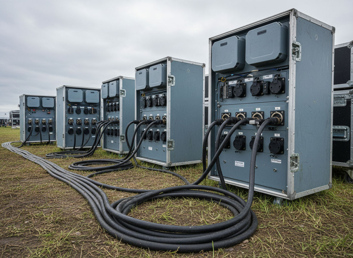 Event power distribution boards and black cables laid out on site