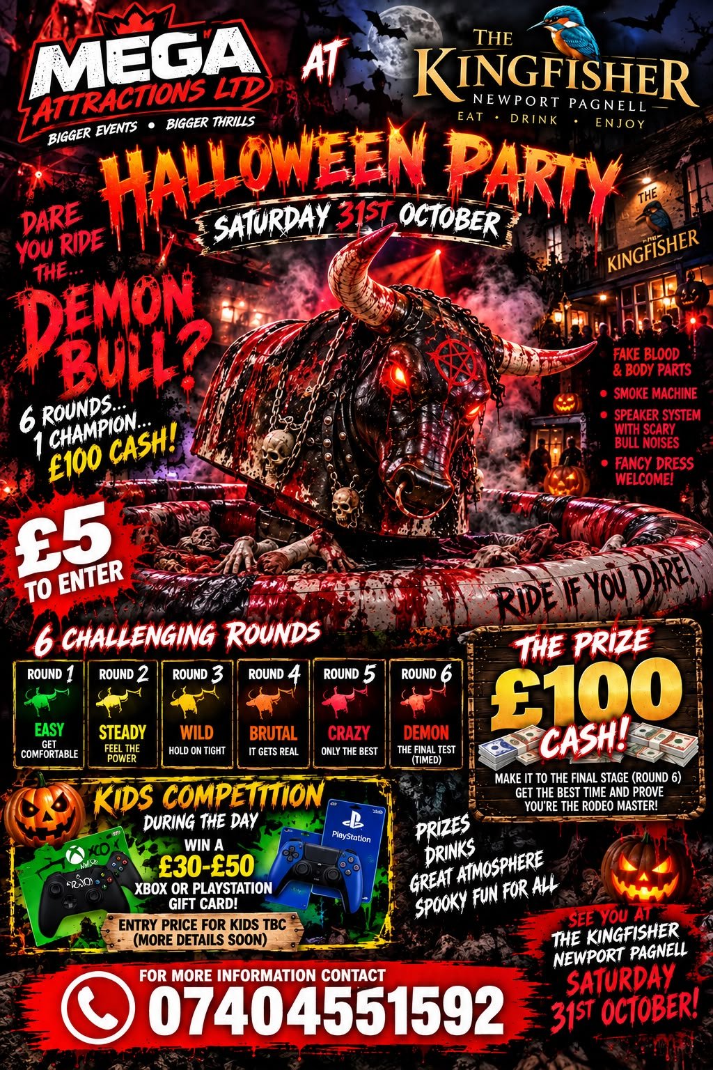 Halloween Party Demon Bull night poster for The Kingfisher Newport Pagnell Saturday 31st October