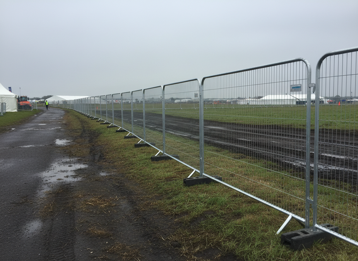 Temporary Heras mesh fencing panels forming a secure perimeter at a UK outdoor event site