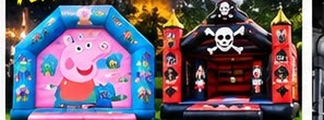 Peppa Pig and pirate themed kids bouncy castles on grass
